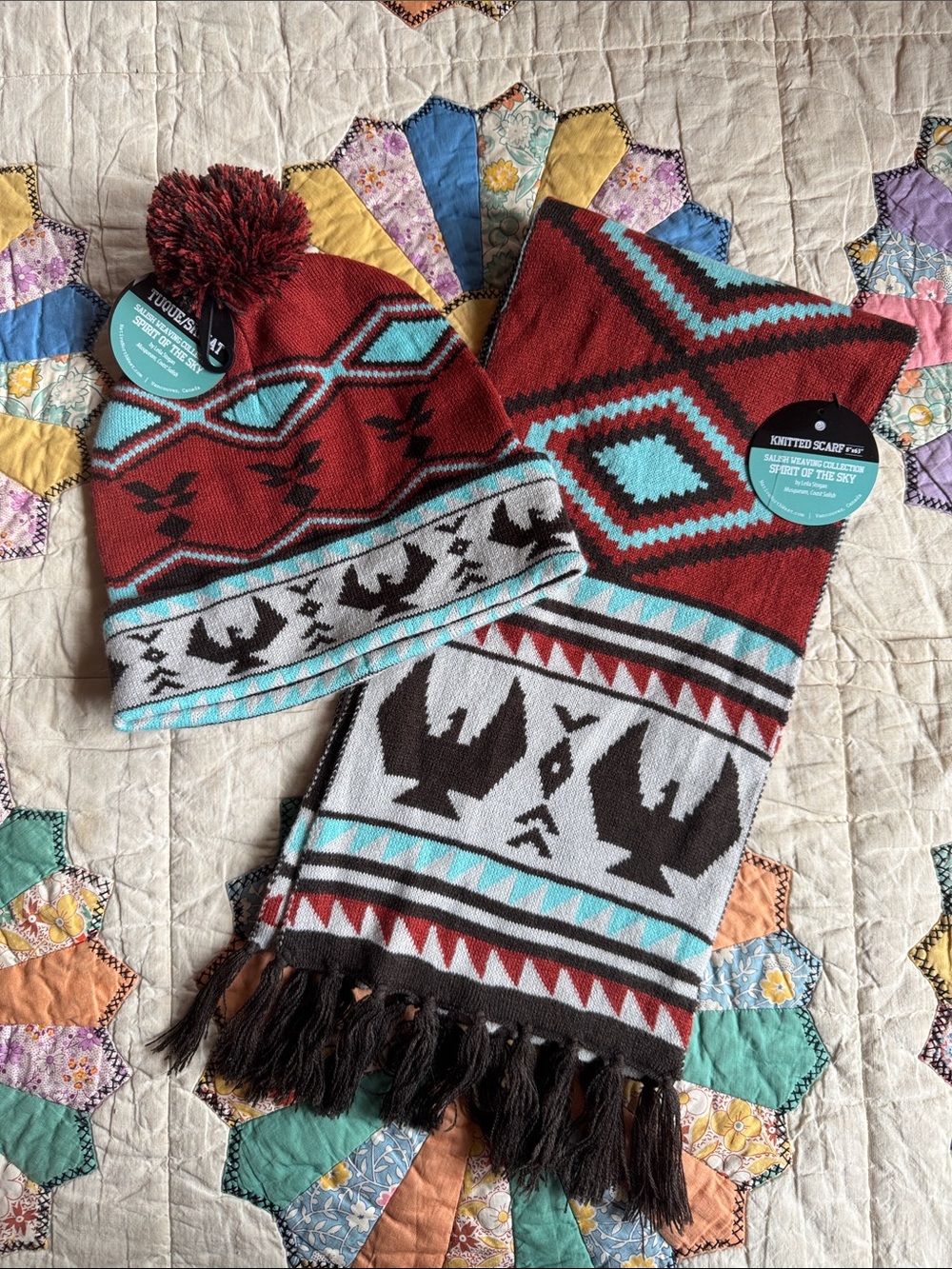 Ski Hat & Scarf Set - Maroon and Turquoise PNW Coast Salish inspired design